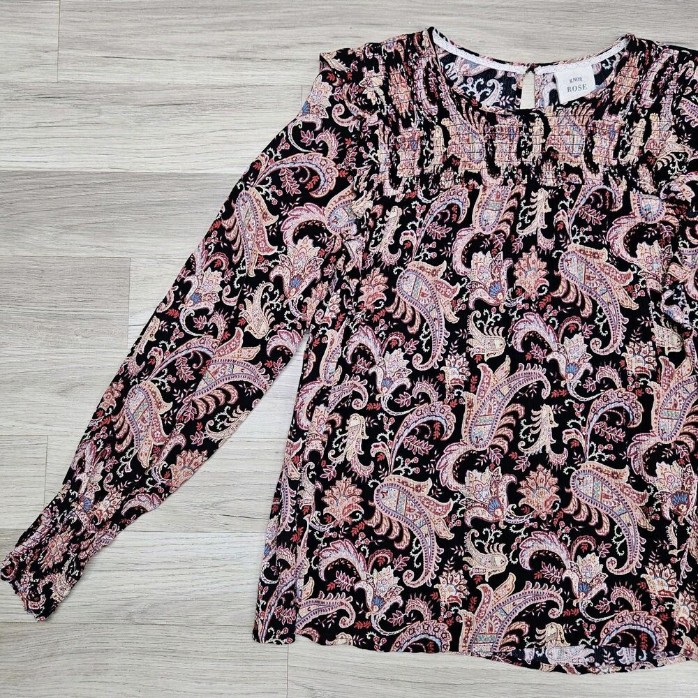 Knox Rose Womens Black Boho Floral Paisley Blouse Size Large Ruffles Longsleeve - Picture 2 of 9
